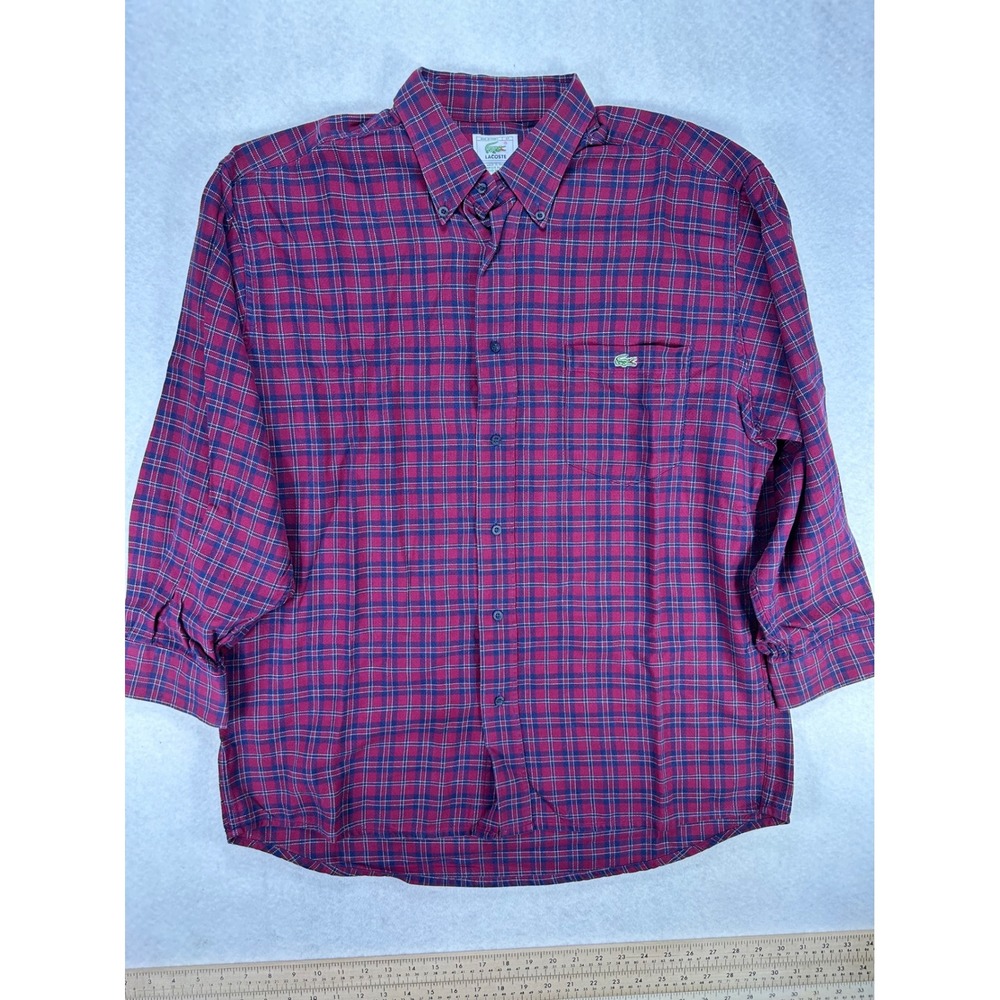 Lacoste Mens Plaid Button Down Shirt Red Blue Made in France Cotton Size 41 L